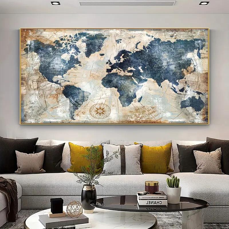 1pc Canvas Poster Vintage Art World Map Poster Decor Wall Art Posters Bedroom Living Room Corridor Wall Decoration Ideal Gift