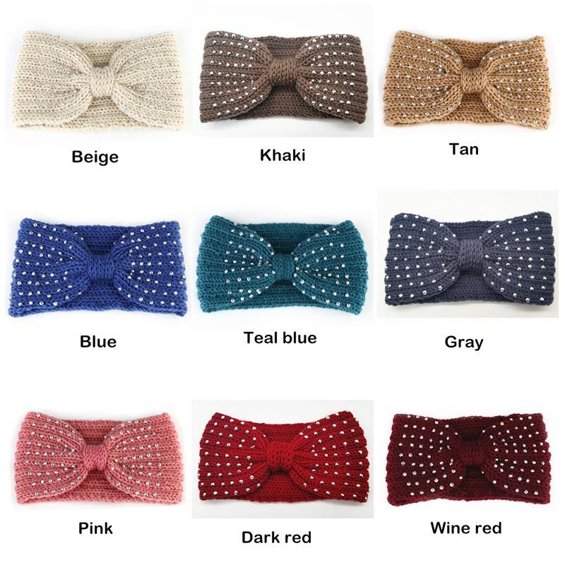 Зимние вязаные повязки на голову для женщин. Теплая повязка на голову крючком со стразами. Шерстяные теплые повязки для волос. Широкий головной убор в виде тюрбана. Модные аксессуары для волос.