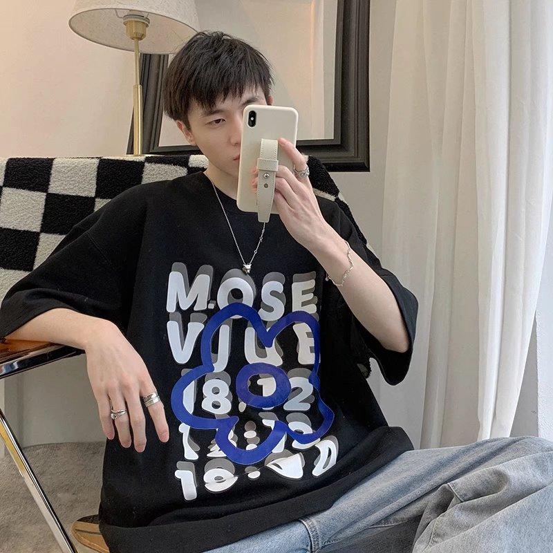 2024 Summer Short Sleeved T-Shirt For Men'S Trendy Five Inch Sleeve Versatile Casual Loose Student Half Sleeved T-Shirt Daily Fashion Printed Top