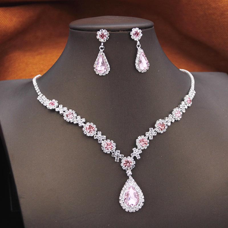 Women's Rhinestone Water Drop Bridal Jewelry Set Birthday Prom Purple Choker Necklace Earrings Wedding Bride Accessory Fashion