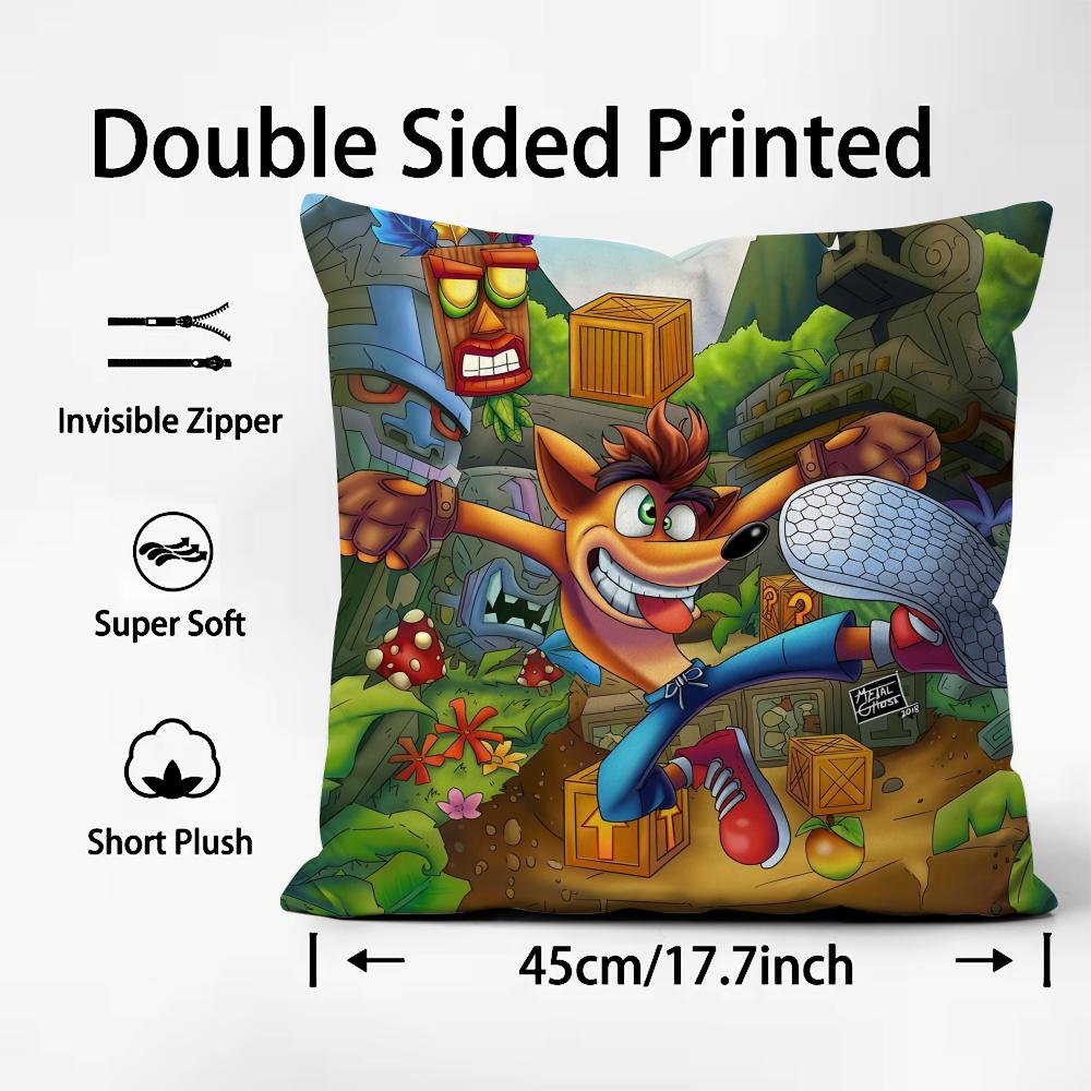 CCrash BandicootT Cartoon Cushion Cover Plush Fabric Soft DoubleSided Printed Sofa Warm Winter Home Child Gift Pillow Case
