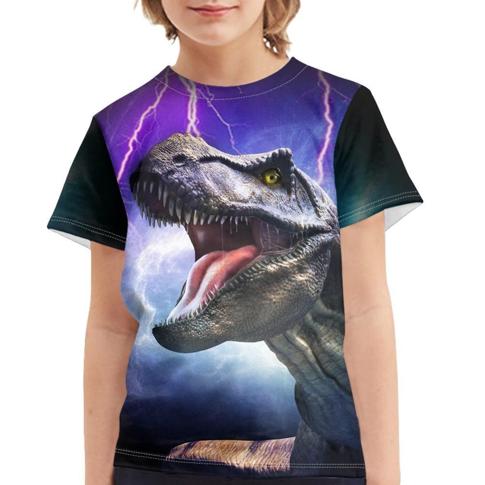 Children's Dinosaur and Cat 3D Digital Printed Boys' Casual and Comfortable Round Neck Short Sleeved T-shirt