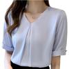 Блузки для шифона короткий L [H.U.A] Женщины, Топы, Пуловер, Рубашка, Рукав, V-образный вырез, Красивый, Простой, Лента, Гладкий, Элегантный, Весна, Лето, Осень,