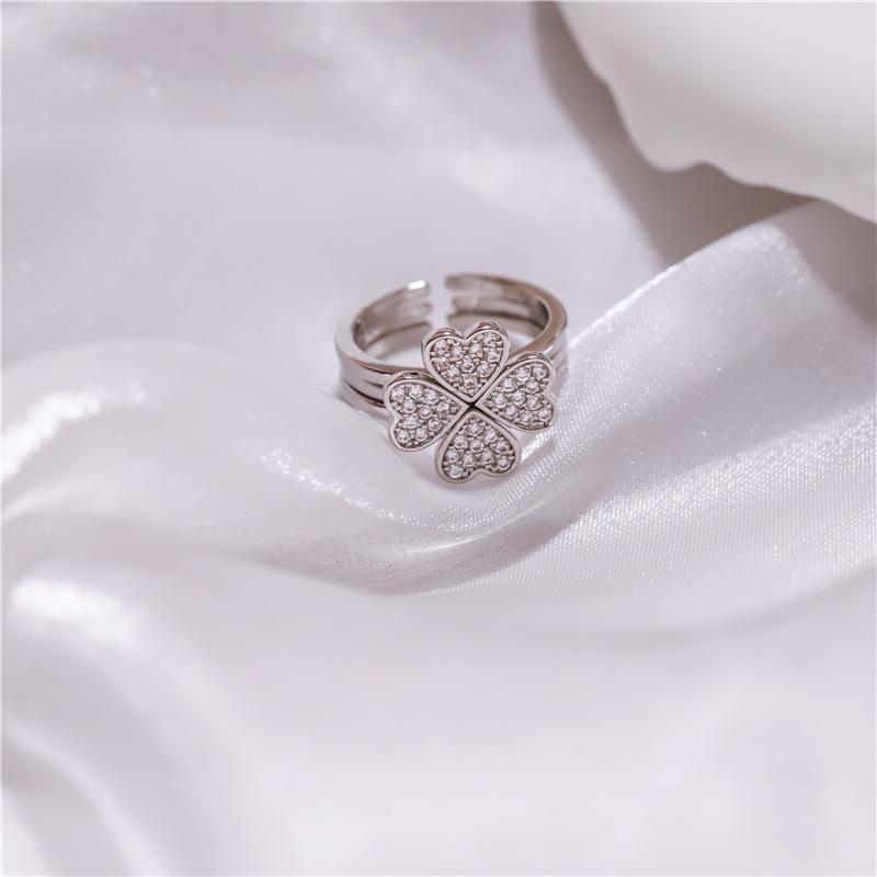Lucky Four-Leaf Flower Micro-Set Zirconia Ring Women Flowers Fashion Ring Opening Adjustable Four-Leaf Clover Ring