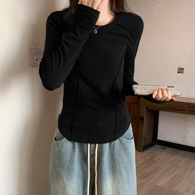Узкая базовая рубашка для женщин с U-образным вырезом и открытой ключицей из бархата, новая осенне-зимняя футболка с длинными внутренними рукавами, шикарный топ Pure Slutty