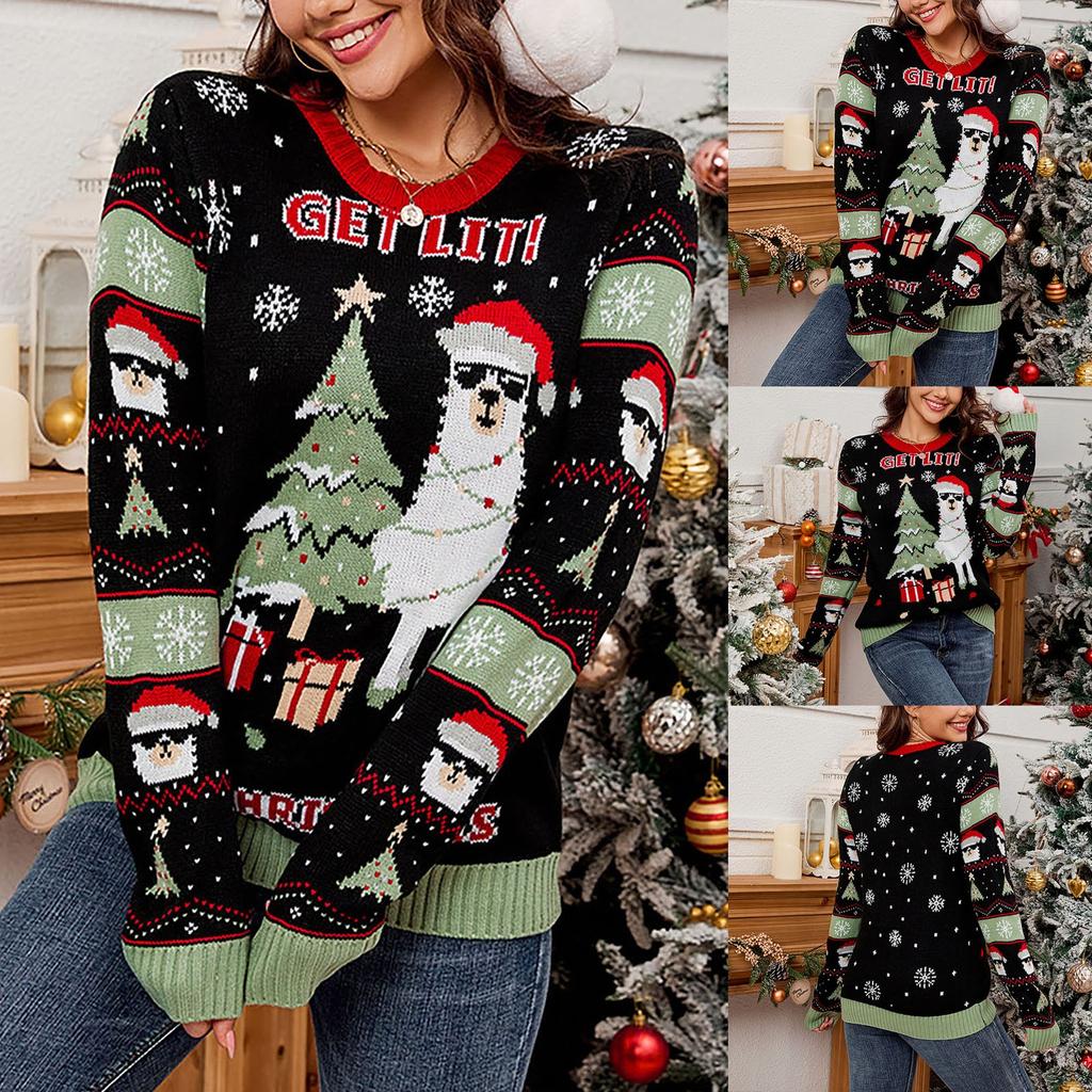 Женская мода Красный Санта-Клаус Длинный рукав Круглый вырез свитер