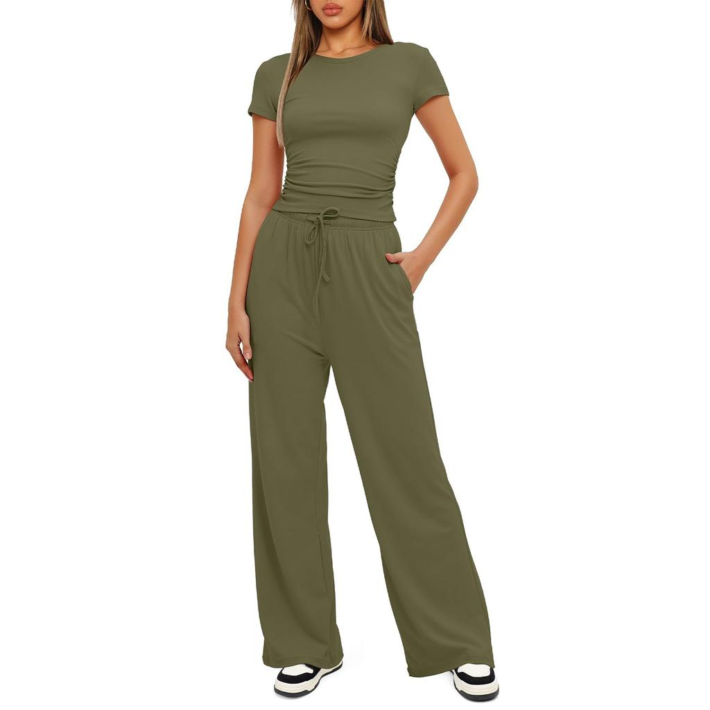 Women 2 Piece Outfits Sets Summer Short Sleeve Ruched Tops And Wide Leg Pants Tracksuit Matching Outfits