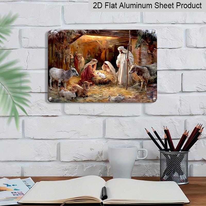 2D Flat, 1pc Christmas Nativity Scene Holy Family Stable Animal Vintage Aluminum Sign, 12"×8"‑Oil Painting Birth of Jesus Religious Plaque, Aluminium