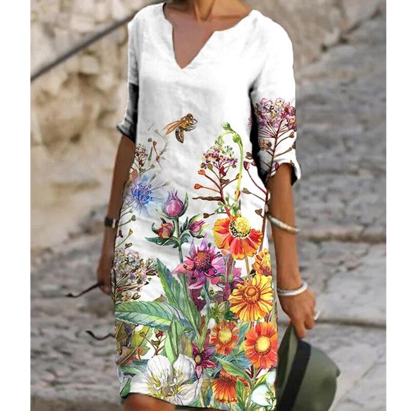 Butterfly Printed Casual And Flower Mid Waist Dress For Women Fashion Vneck Half Sleeve Aline Ladies Dress Robe Femme 25874