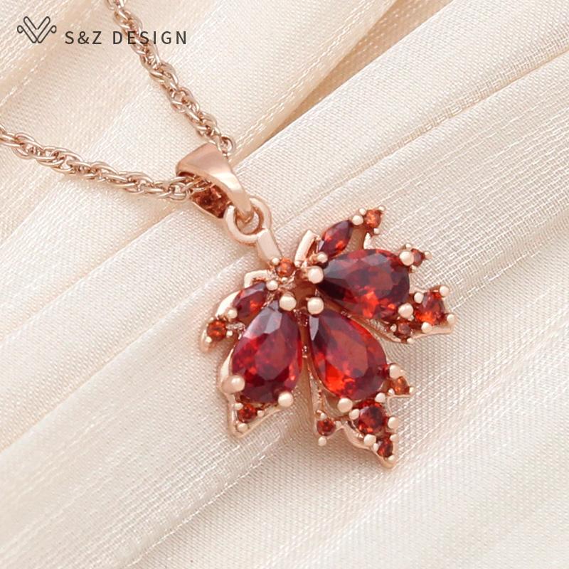Модные серьги-подвески цвета розового золота с красным кленовым листом, комплекты ювелирных изделий для женщин, свадебное ожерелье с подвеской из циркония