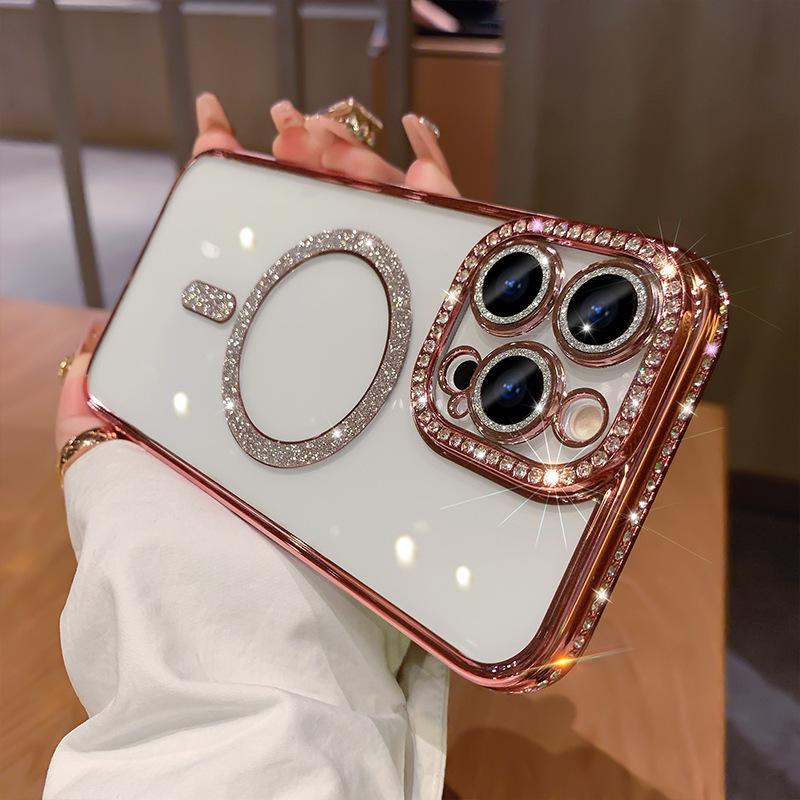 Прозрачный гальванизированный магнитный чехол с бриллиантовыми блестками для iPhone 14/15/16, 15 Pro Max, силиконовый