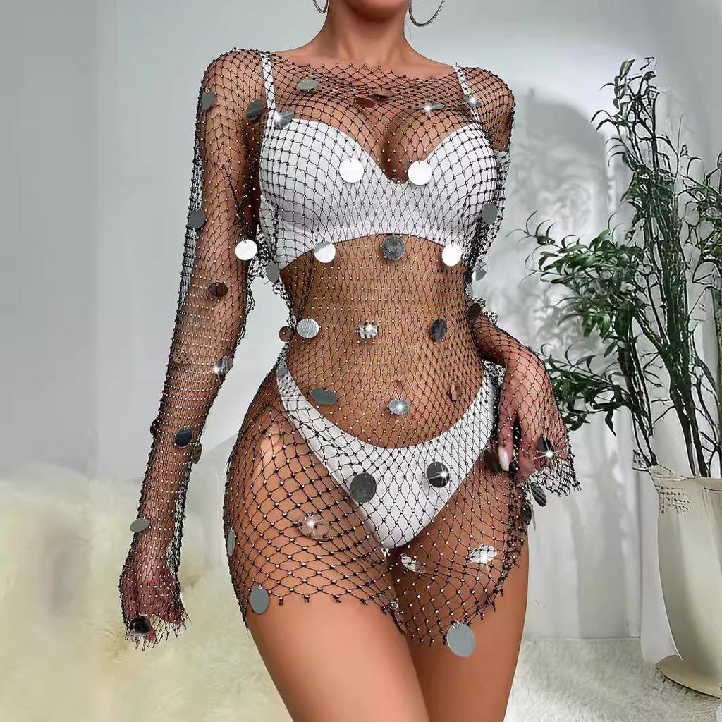 Год женский прозрачный сексуальный женский сетчатый топ с круглым вырезом и длинными рукавами и принтом в виде бриллиантов