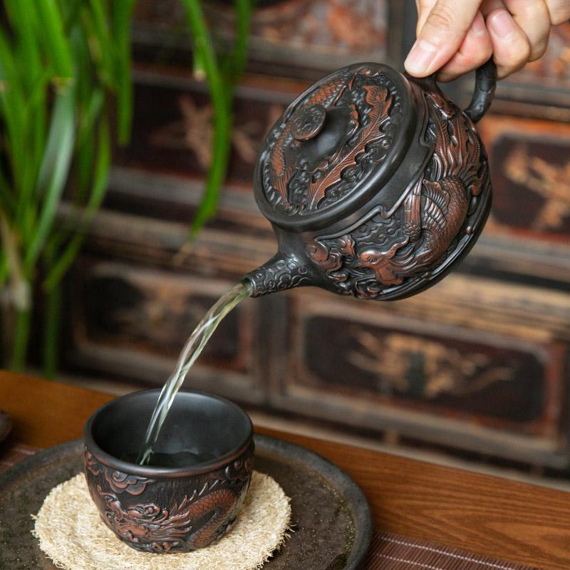 Фиолетовая керамика Винтажный чайник ручной работы Керамический резной чайник кунг-фу Одиночный чайник Наборы для приготовления чая пуэр Китайский чайник