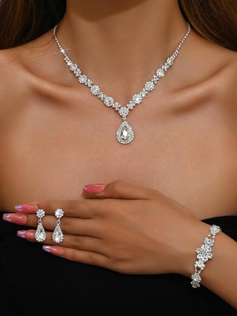 Элегантный комплект украшений из хрустальных драгоценных камней: Ожерелье, серьги, браслет и кольцо в форме капли для женщин