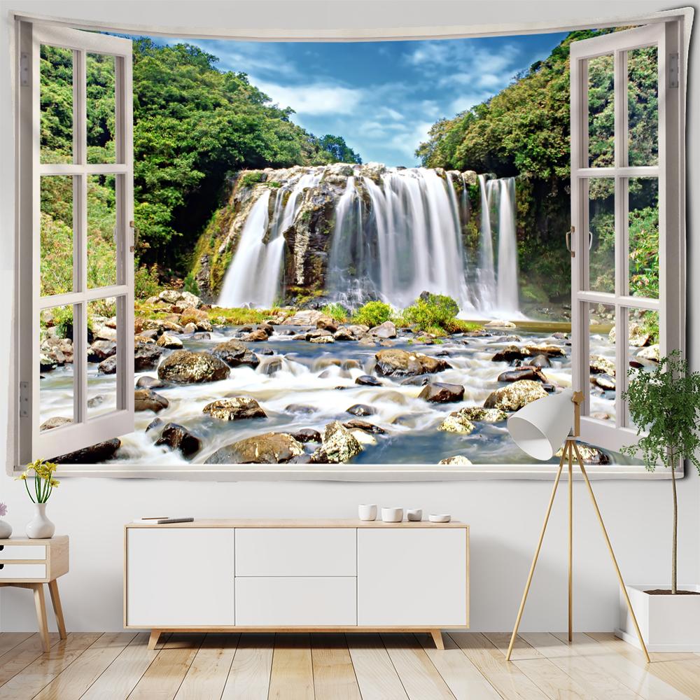 Scenery Tapestry Hanging On the Wall Outside the Window with Bohemian Style Curtains and Mandala Room Decoration Tapestry
