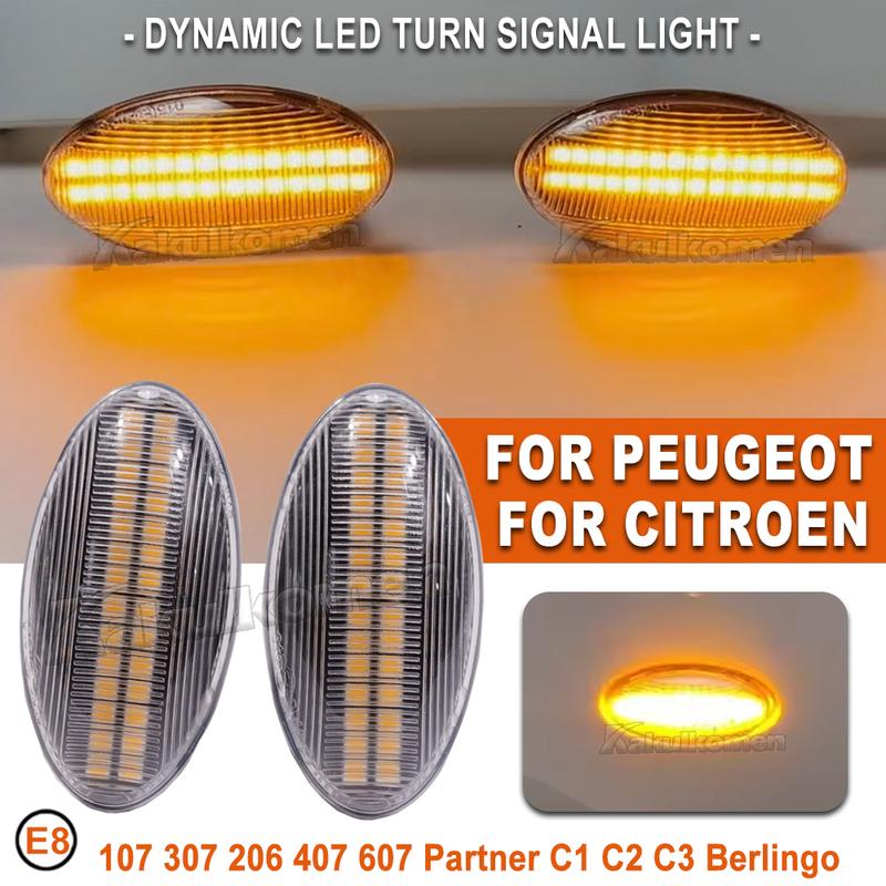 2 шт. Светодиодный динамический указатель поворота, боковой габаритный огонь, последовательный мигающий фонарь для Peugeot 307 206 407 107 607 1007 Partner Expert