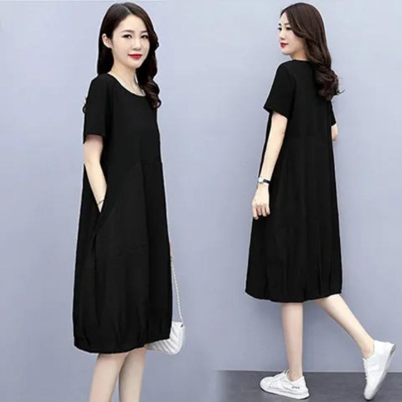 2023 летнее новое большое платье с коротким рукавом и круглым вырезом, женская повседневная свободная тонкая юбка для полных мм, тонкая юбка контрастного цвета