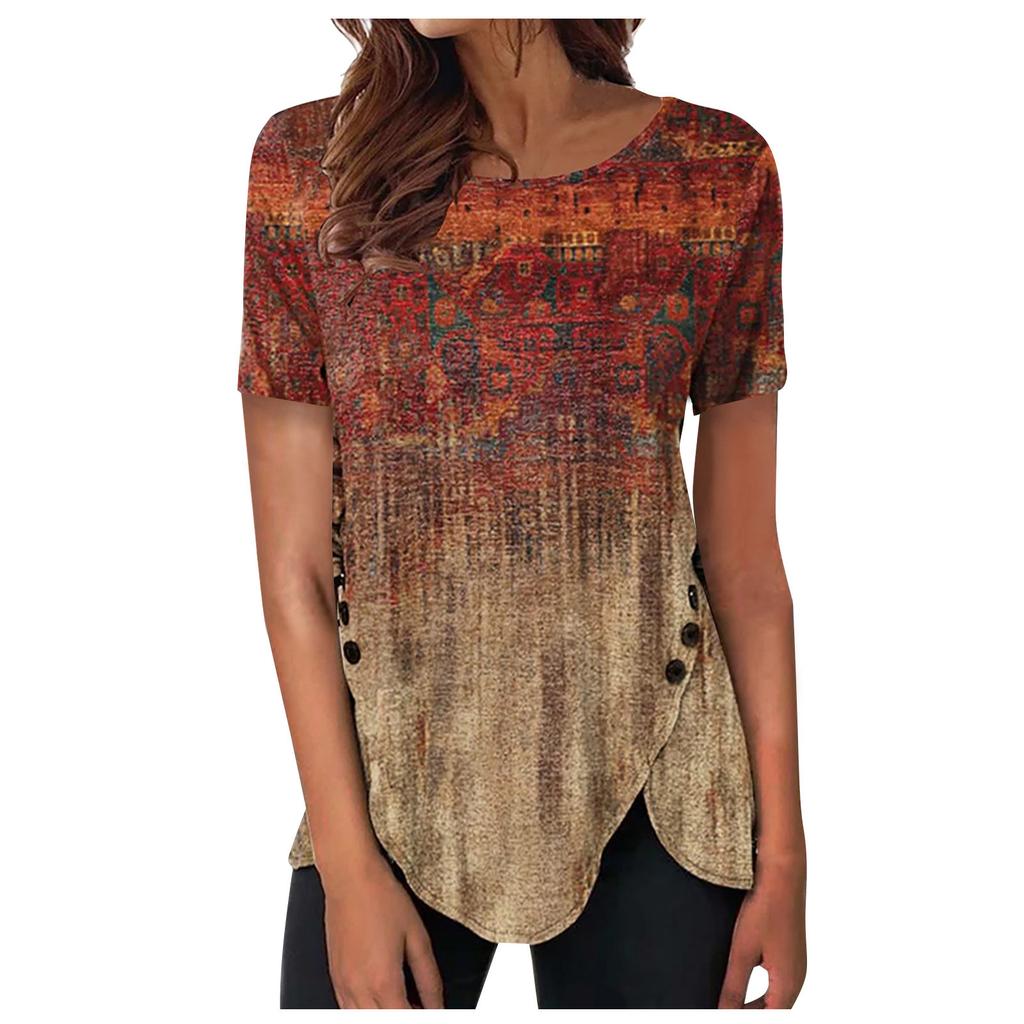 Женская туника с коротким рукавом Свободные топы Повседневные топы больших размеров Плиссированная туника на пуговицах Повседневные летние футболки Женские топы Нарядные рубашки