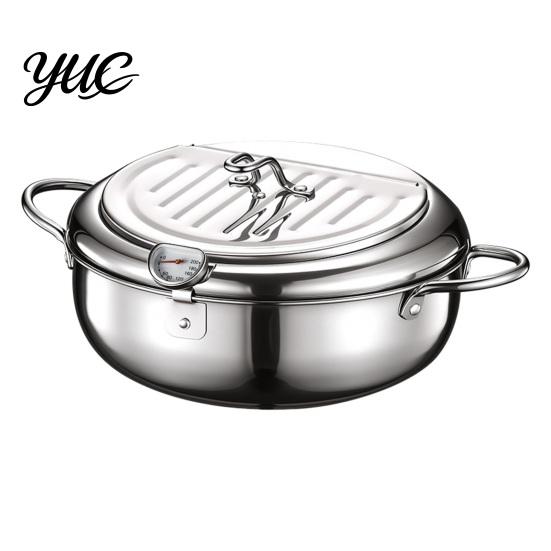 Multi Purpose Stew Simmer Pot Japanese Deep Fryer with Thermometer, 201 Stainless Steel Tempura Pan, 2.2/3.2L Induction for Crispy Food Compatible Oil