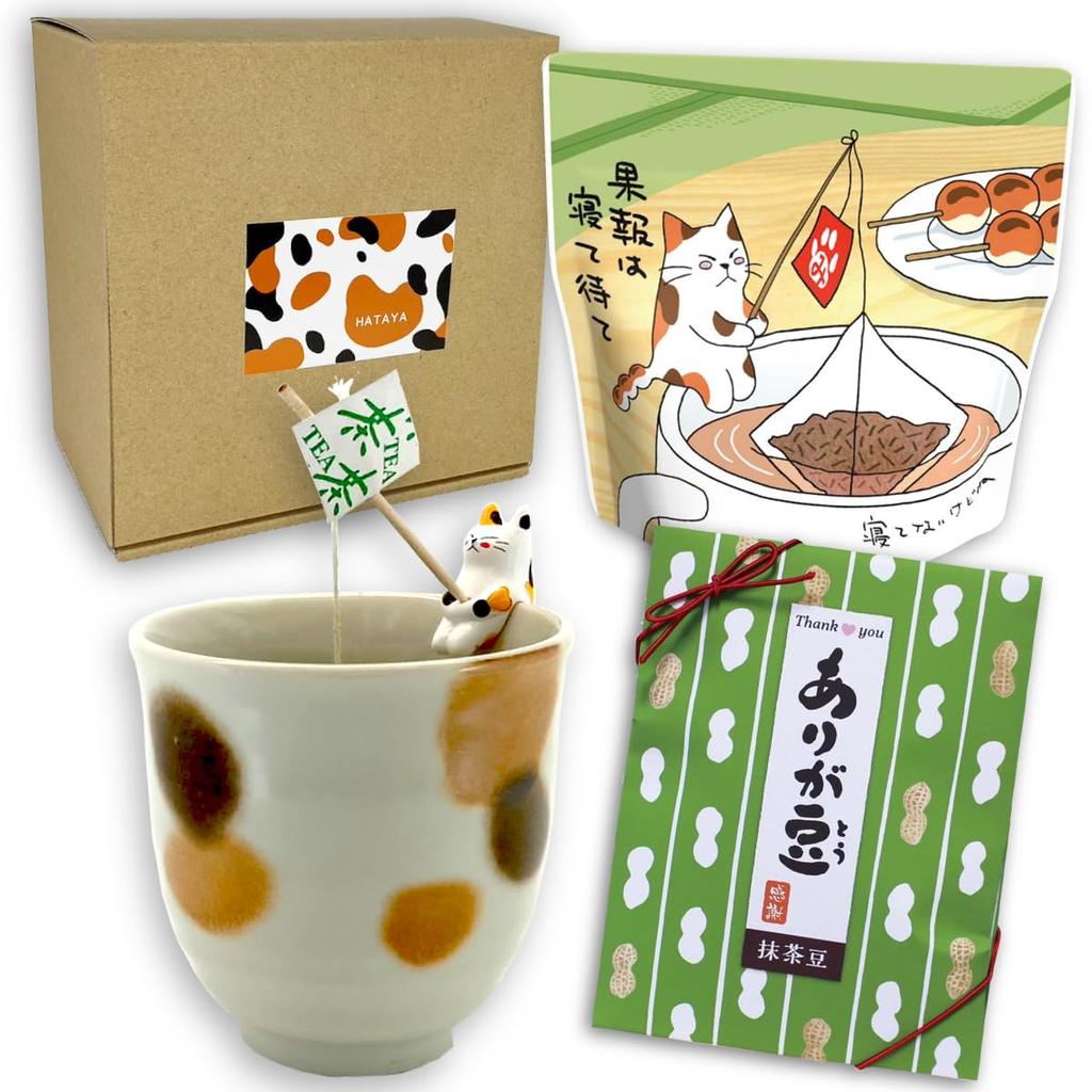 Чай HATAYA Cat Mino Ware Genmaicha с чаем Matcha Чай с молоком из бобов Арига Подарочный небольшой подарочный товар, чашка, (5 сумок), (Бобы матча) Набор, Чашка, Митараши-чан