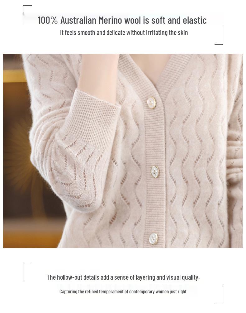 100% Pure Wool V-Neck Jacquard Cashmere Cardigan for Women - Early Spring Collection