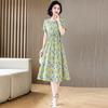 Plus Size Floral Cotton-Silk Pocket Dress - Waist-Slimming, Over-Knee, for Middle-Aged Women