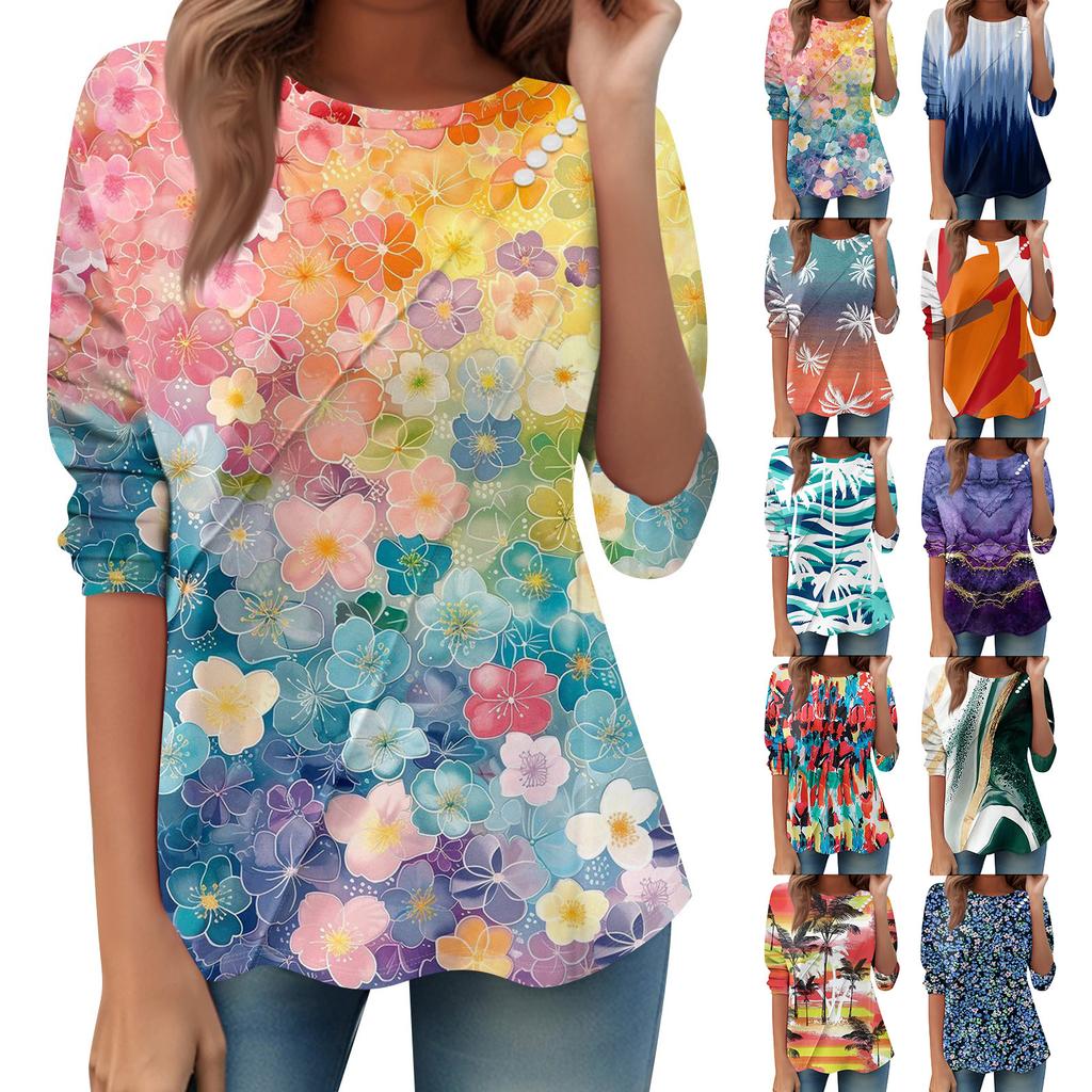 Women's Loose Casual Long Sleeve Top Round Neck Button Pull Stripe Prints T Shirt