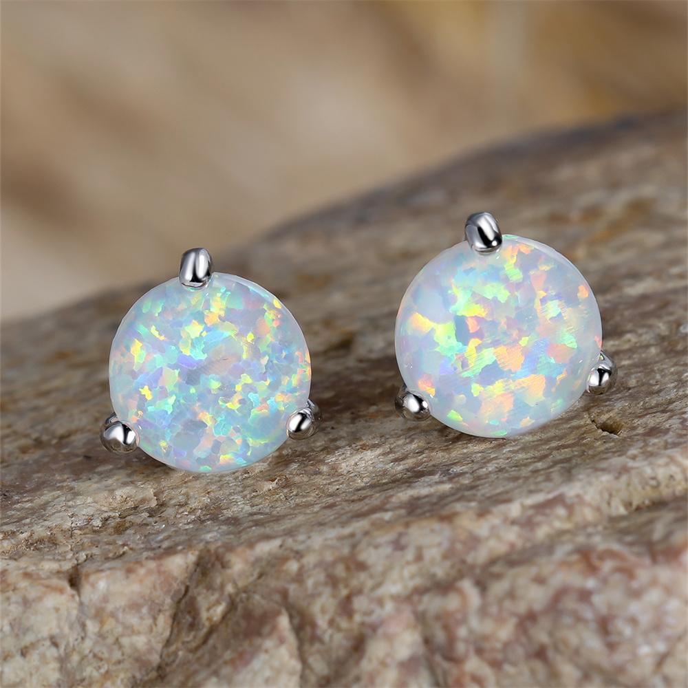Female Cute Round Stone Screw Back Earring White Opal Small Stud Earrings For Women Classic Silver Color Wedding Jewelry Gifts