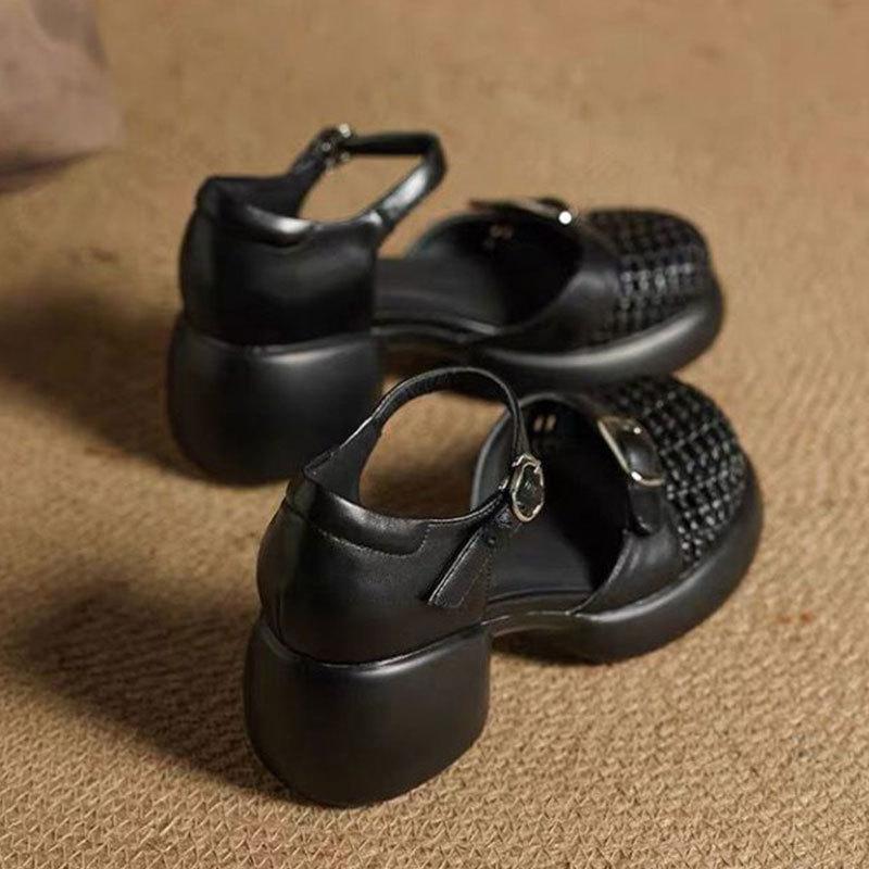 Французские ретро сандалии с полым носком, женские, лето 2025, новые, на толстом каблуке, на толстой подошве, с ремешком на подъеме, римские сандалии