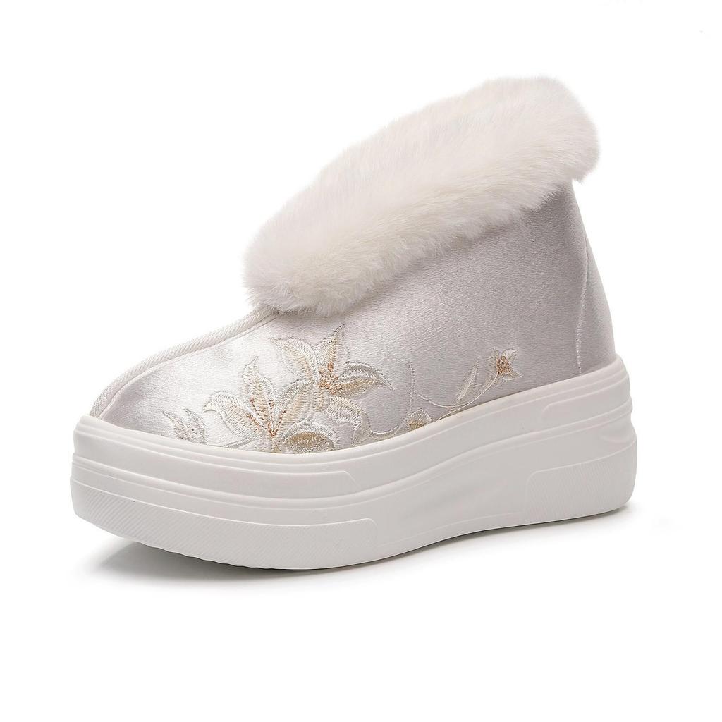 Осенне-зимние туфли Ruoxi 2024 на плоской подошве с вышивкой и меховой подкладкой — удобная хлопковая обувь в китайском стиле для ношения в помещении и на открытом воздухе.