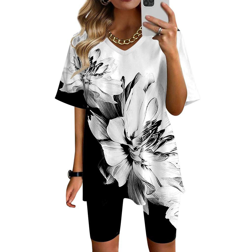 Женская одежда для дома, комплект из двух предметов для женщин, летняя футболка с v-образным вырезом, топы, шорты, спортивный спортивный костюм для тренировок