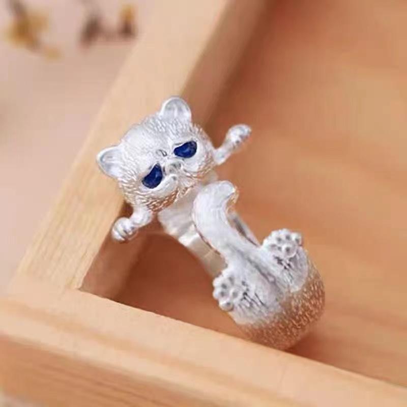 ANENJERY Кольцо с котом для женщин, милое кольцо с котом в японском стиле, простота, модные ювелирные изделия, подарки, кольца с синими стразами и глазами