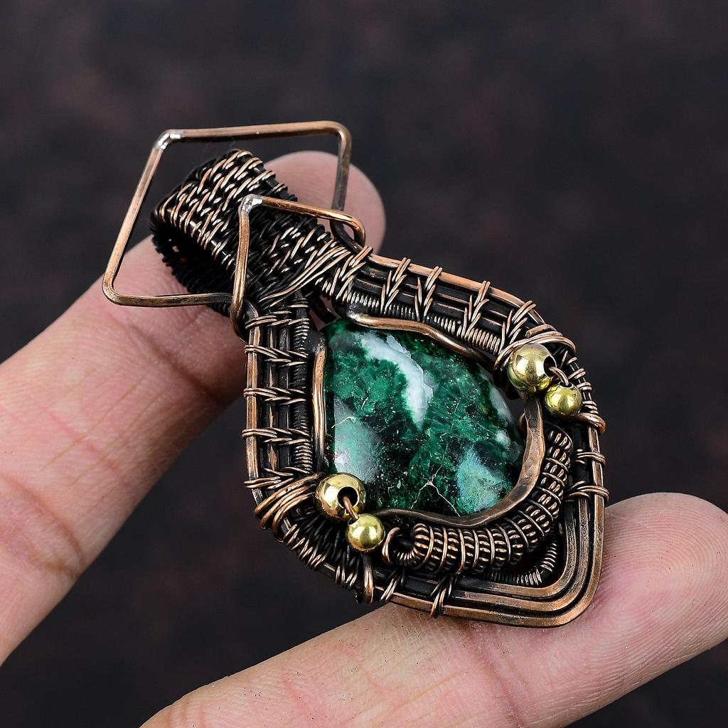 Кулон из куприта и хризоколлы, обернутый медной проволокой, подвеска ручной работы, фантастическое ювелирное изделие из драгоценных камней, обернутый медной проволокой, подарок для него