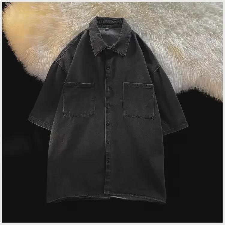 Модная японская джинсовая рубашка с коротким рукавом для мужчин - свободный крой, молодежная летняя мода