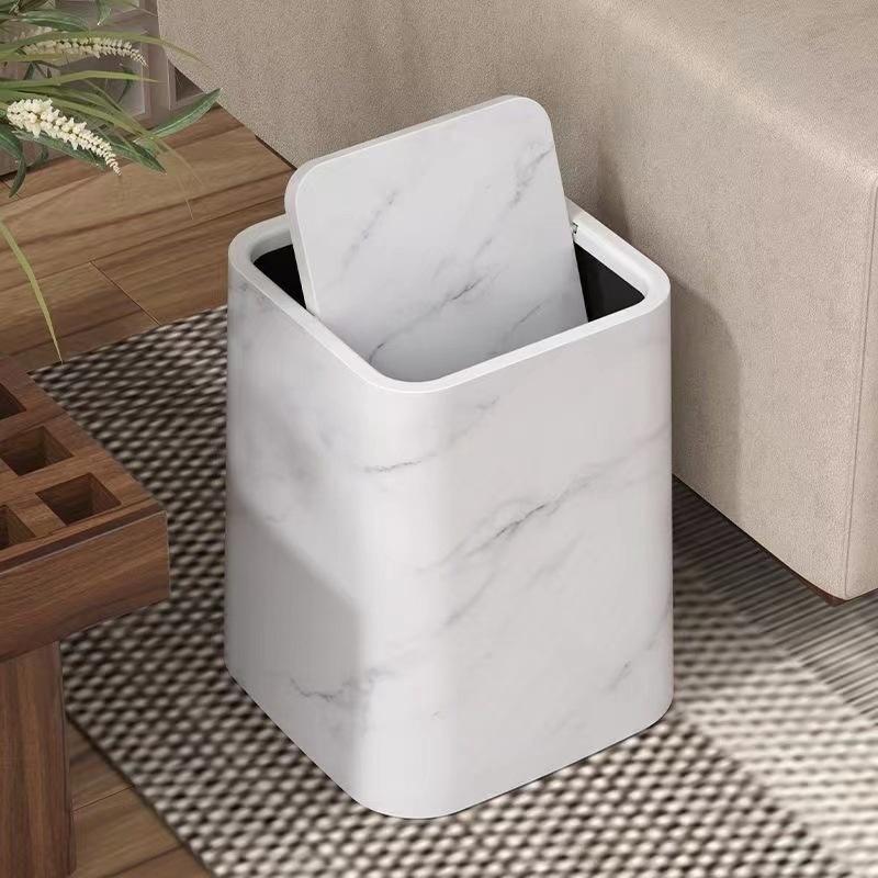 Flip Up Trash Can New Style Waste Cleaning Tools with Lid Cover Large Size Imitation Marble Pattern Storage Bin Bedroom Bathroom
