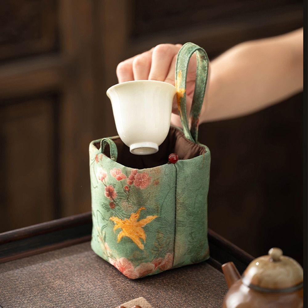 Вышитая сумка для хранения чайных чашек, утолщенная сумка, переносная сумка для чайных чашек из ткани с завязками