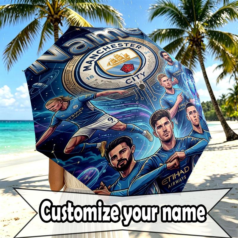 Custom Name Personalized Manchester City Print Umbrella, Auto Open Close, 8‑Rib Sturdy Frame, Commute Camping Hiking Use, Birthday Gift