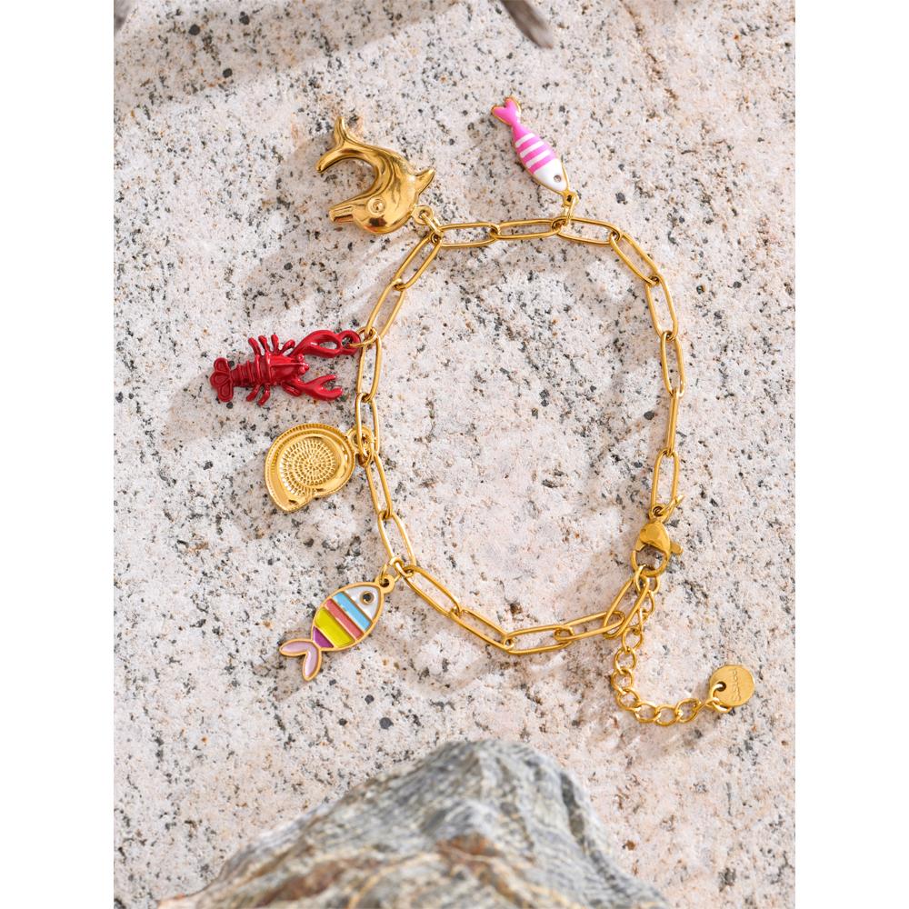 Eetit Ocean Style Enamel Fish Shell Lobster Drop Charm Bracelet Bangle for Women Summer Stainless Steel Arrivals Wrist Jewellery