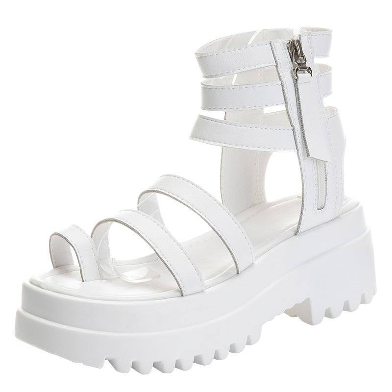 2024 лето новые толстые подошвы дышащие нескользящие боковые молнии показывают высоту римские туфли полые универсальные студенческие женские сандалии