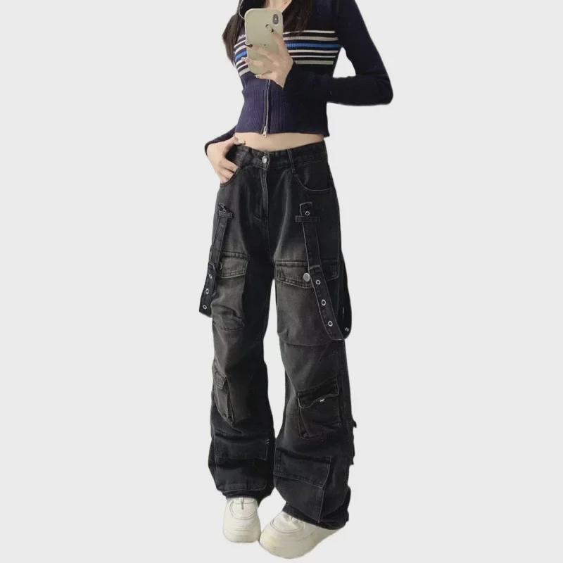 Женские джинсы с широкими штанинами и множеством карманов для работы — осень/зима, свободный крой, дизайн с ремешками