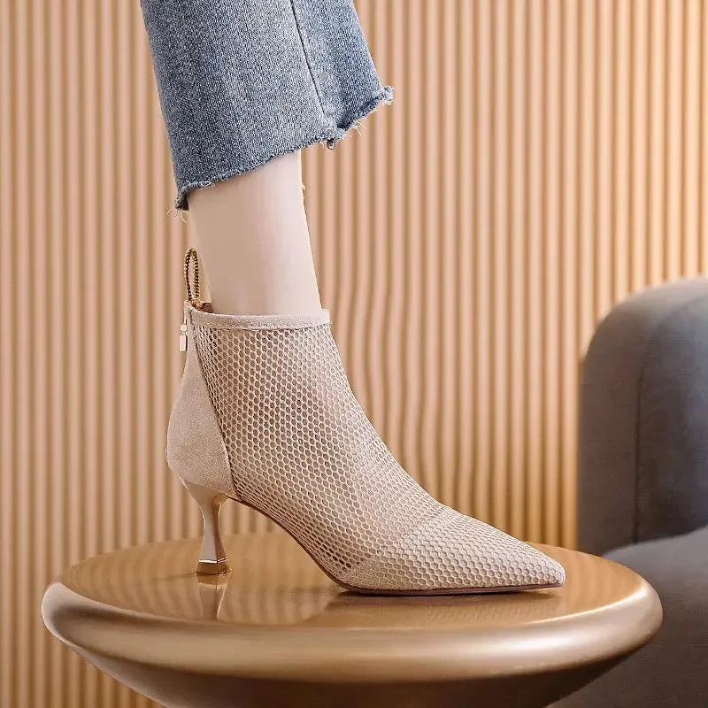 2024 Лидер продаж Новые женские сетчатые босоножки, сапоги, сексуальные летние туфли на высоком каблуке, ажурная обувь, молния сзади, острый носок