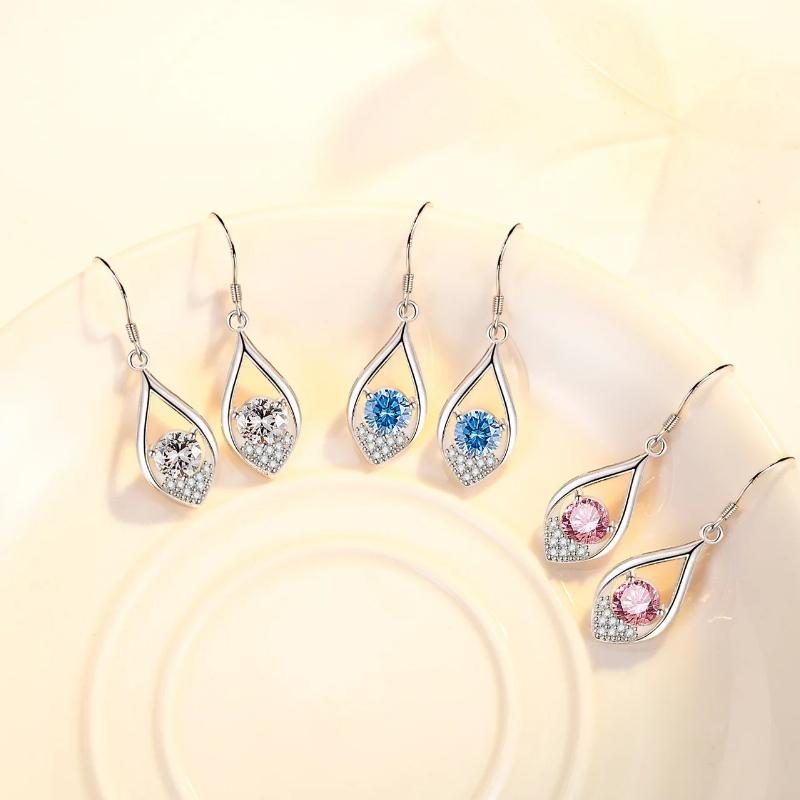 925 Sterling Silver New Women's Fashion Jewelry High Quality Crystal Zircon Hooked Heart-shaped Long Earrings