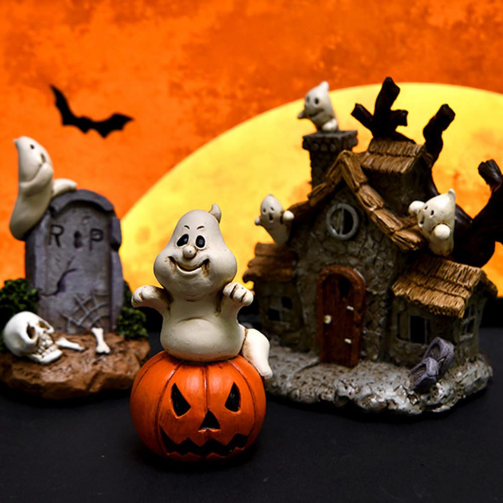 Украшения на тему Хэллоуина Жуткий набор смоляных украшений на Хэллоуин с домом с привидениями, демоном, корнем, надгробным камнем, светодиодной подсветкой, тыквой