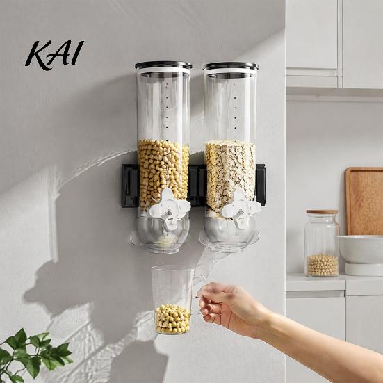Airtight Food Storage Bin Wall Mounted Dry Cereal Dispenser, Moisture Proof Goods Dispenser for Kitchen Container, Plastic Space Saving Organizer