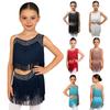 Girls Tassel Latin Dance Dress Asymmetrical Fringe Shiny Rhinestones Cutout Stage Performance Costume