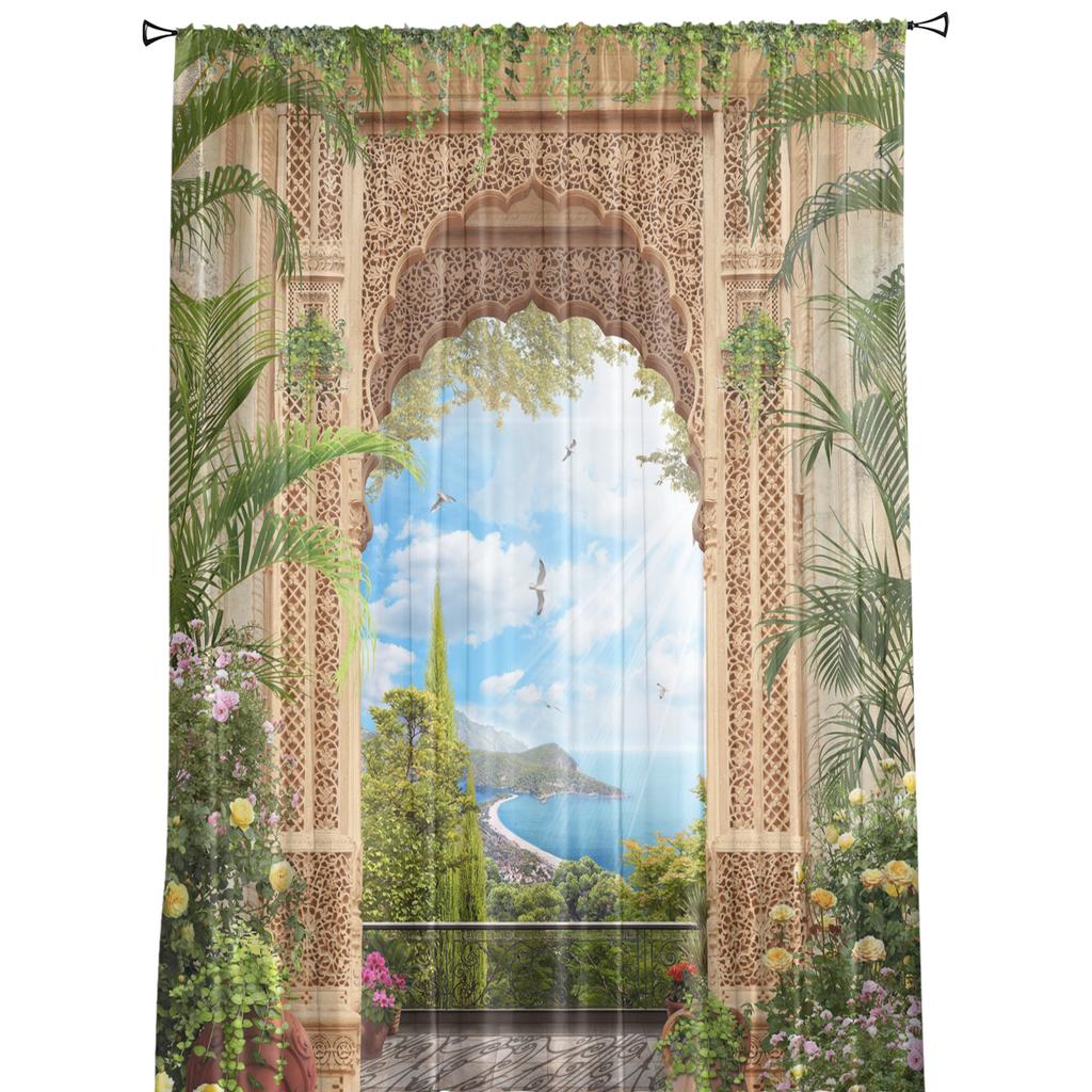Arch Flowers Sea Printed Curtains Drape Sheer Tulle Home Decoration Living Room Bedroom Cortinas Chiffon Window Curtains