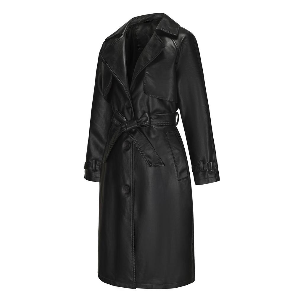 Women’s Coats Faux Leather Lapel Windbreaker PU Loose Three Row Button Trench Coat Classic Overcoat with Belt Autumn Winter Outer Wear