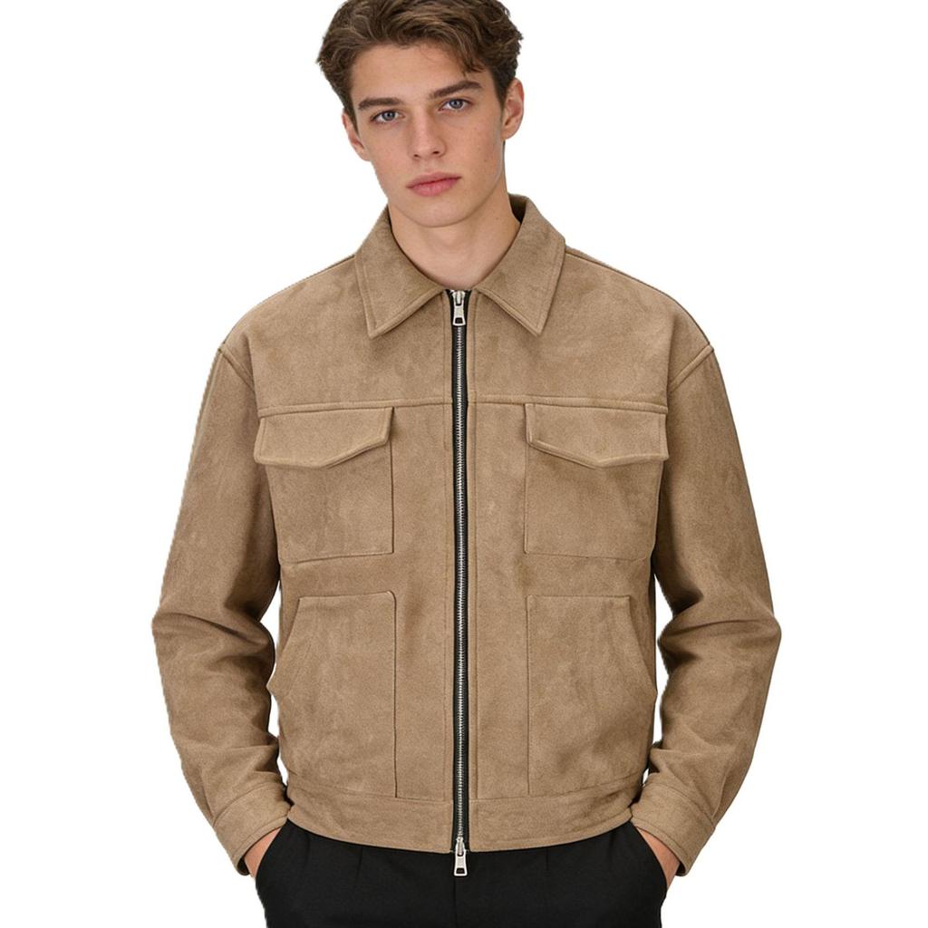 Men's Trendy Suede Velvet Zipper Jacket with Large Pockets - Casual Lapel Design for Spring and Autumn