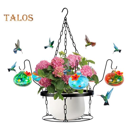 Кормушка для колибри из выдувного стекла ручной работы, подвесной металлический держатель для кашпо 2 в 1 с 6 маленькими кормушками для птиц из выдувного стекла для декора окон в саду и на заднем дворе