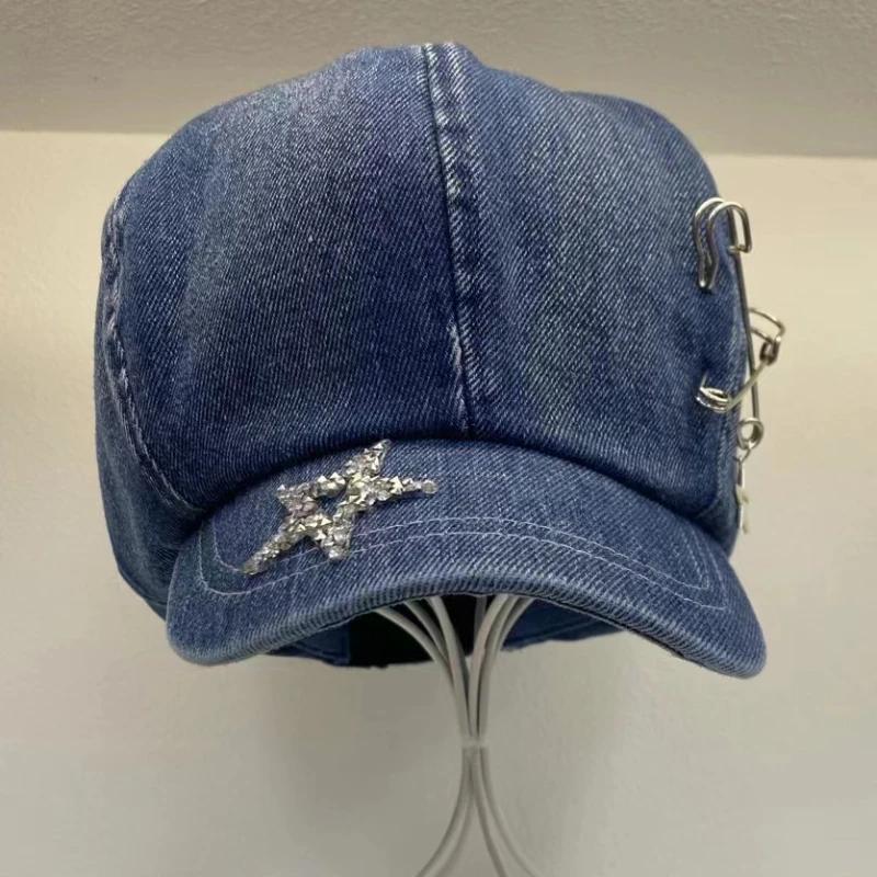 Y2k Original Star Rhinestone Niche Versatile Berets Caps for Women Spring and Autumn Ins Retro Denim Octagonal Newsboy Hats